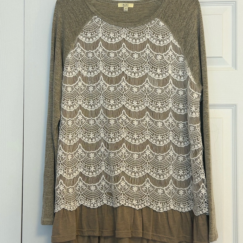 Kori Long Sleeve Top with Lace Overlay - Brown and White